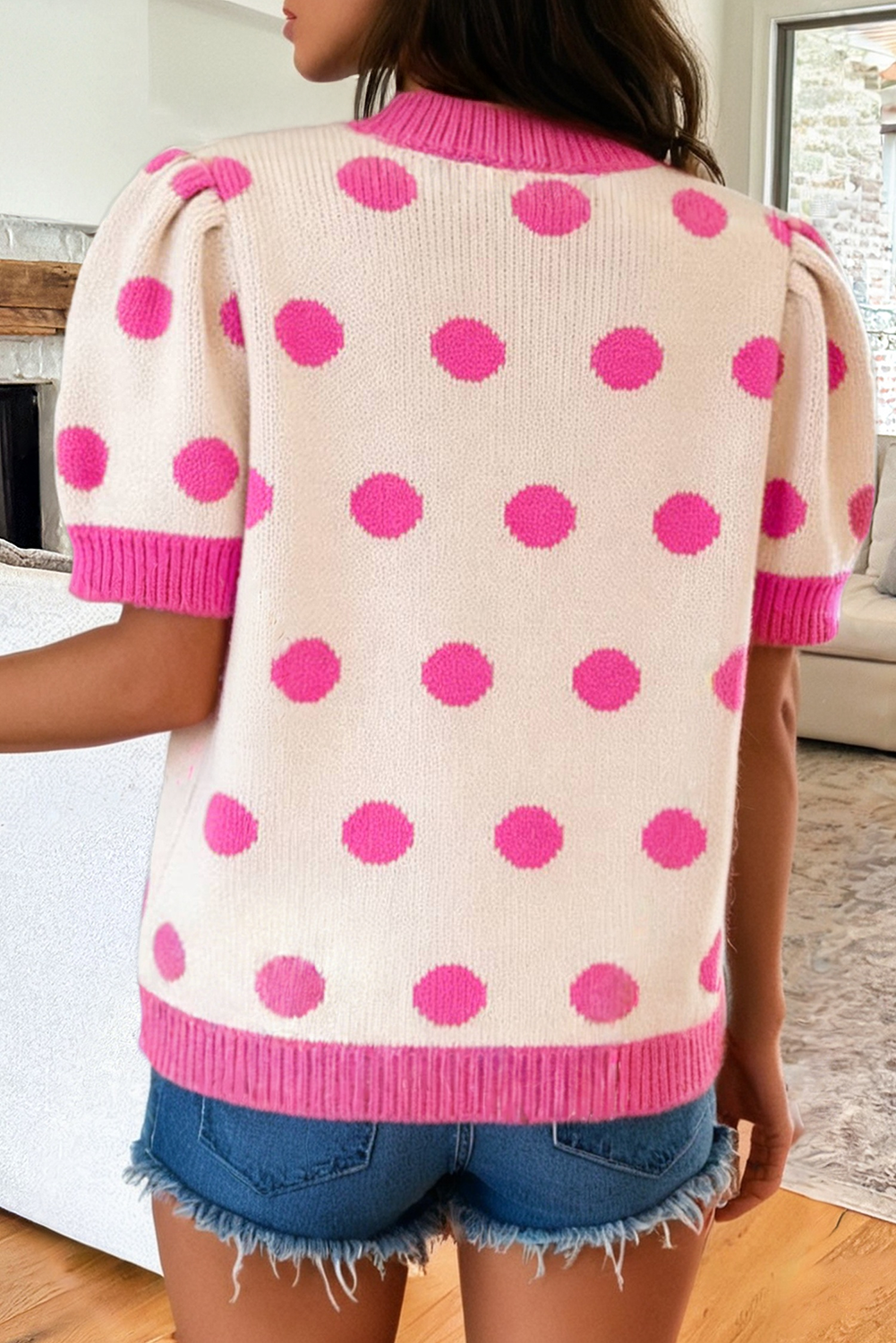 Polka Dot Puff Short Sleeve Sweater Top