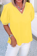 Solid Color V Neck Short Puff Sleeve Blouse
