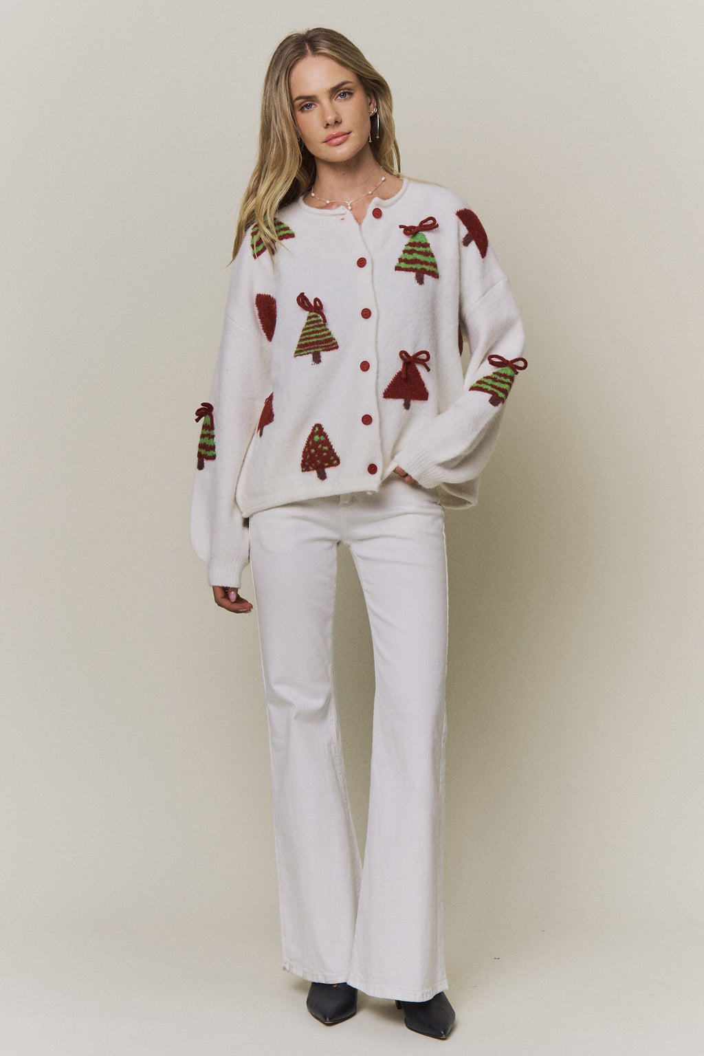 Festive Christmas Trees Button Knit Cardigan