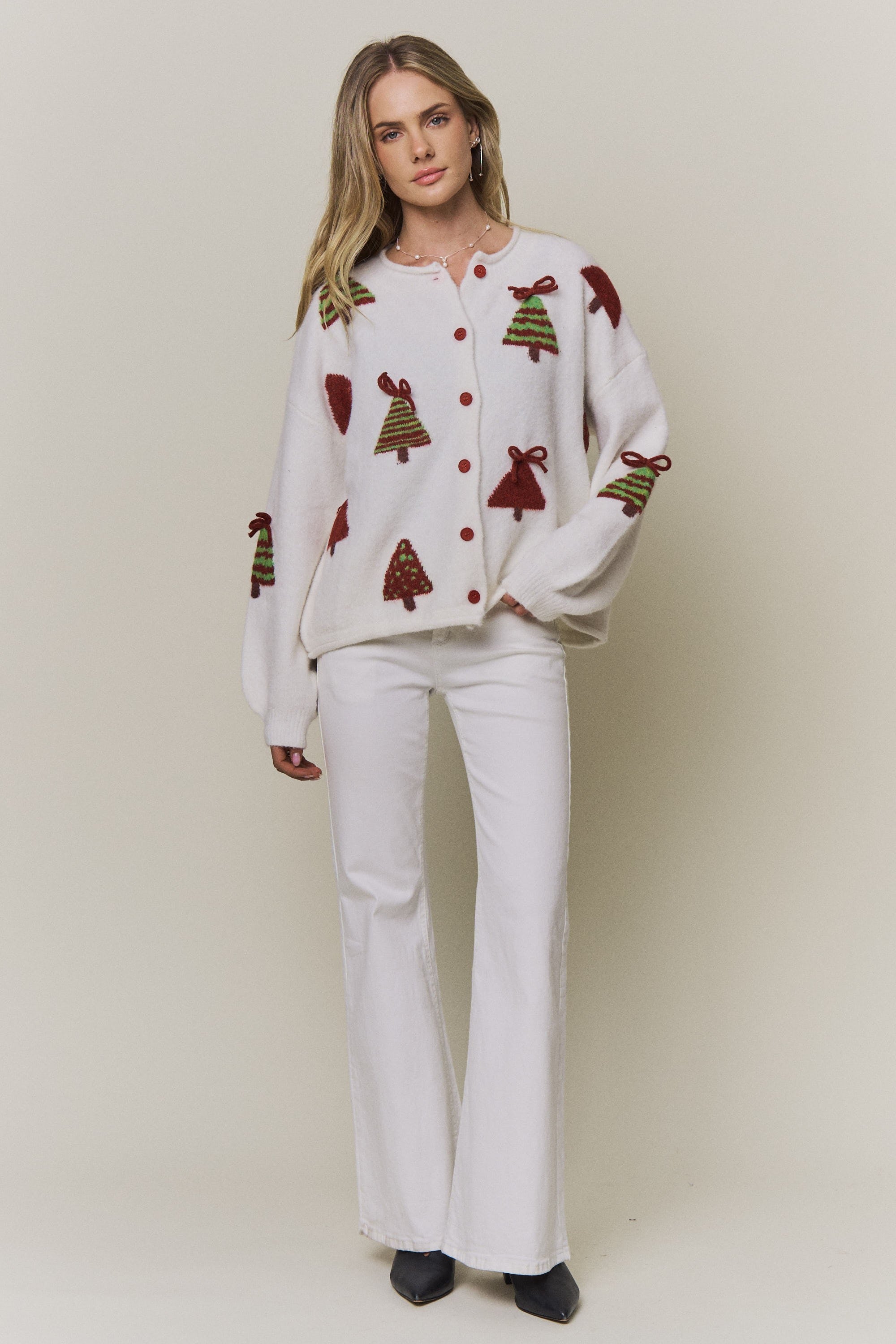 Festive Christmas Trees Button Knit Cardigan