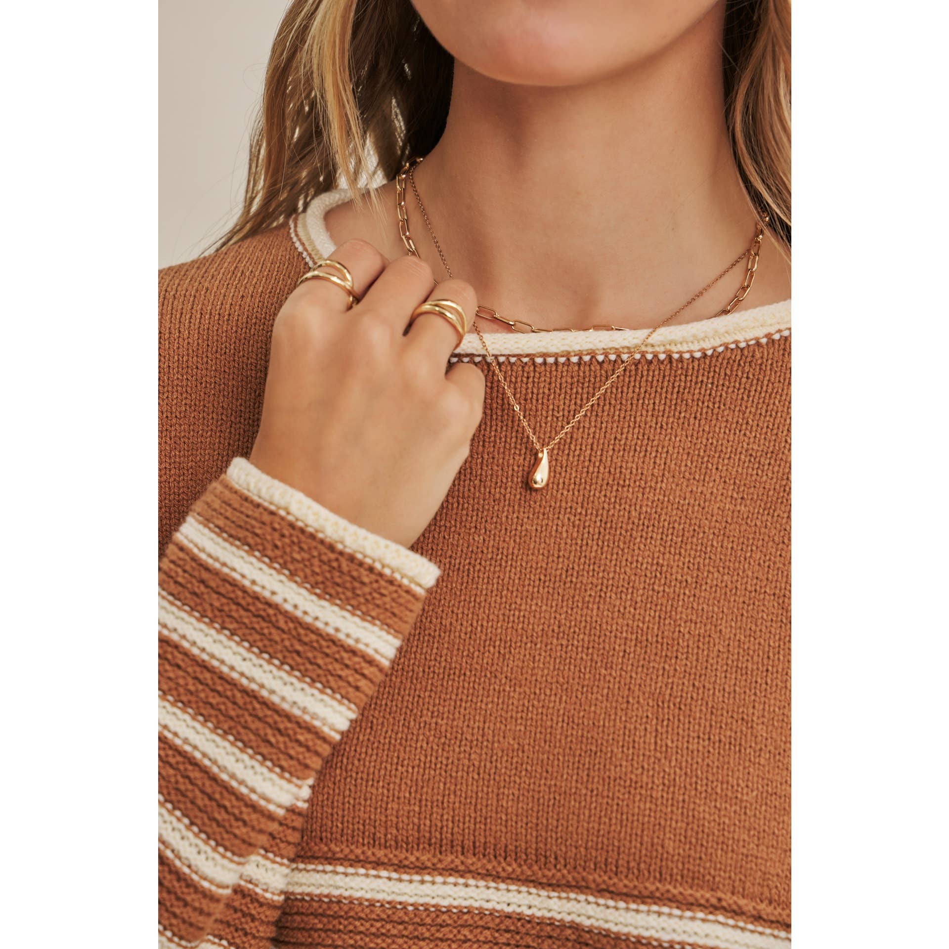 COZY CABIN CONTRAST STRIPE RELAXED SWEATER TOP