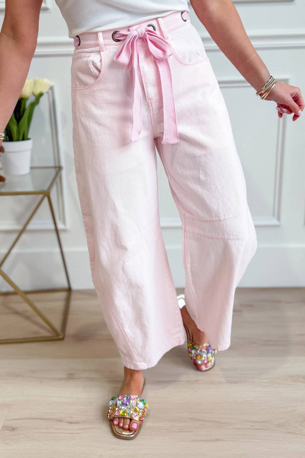 LDC Solid Color Grommet Tie Waist Barrel Jeans