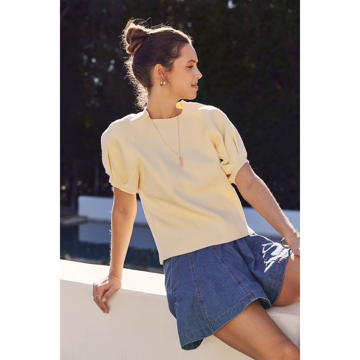 EASY VOLUME MOVEMENT BREATHABLE COTTON SWEATER WITH PUFF SLV