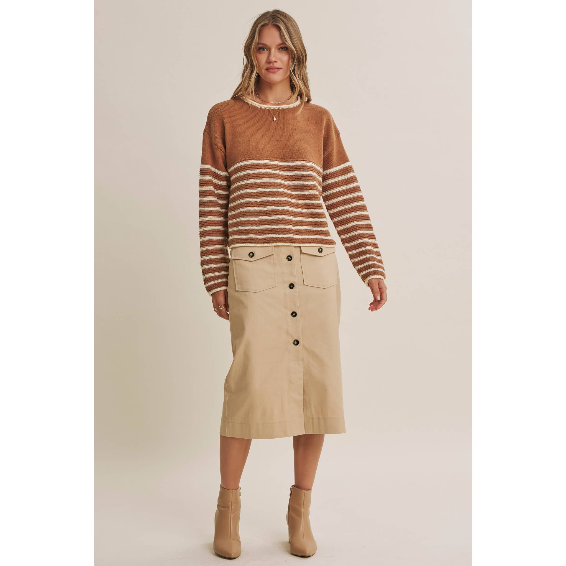 COZY CABIN CONTRAST STRIPE RELAXED SWEATER TOP