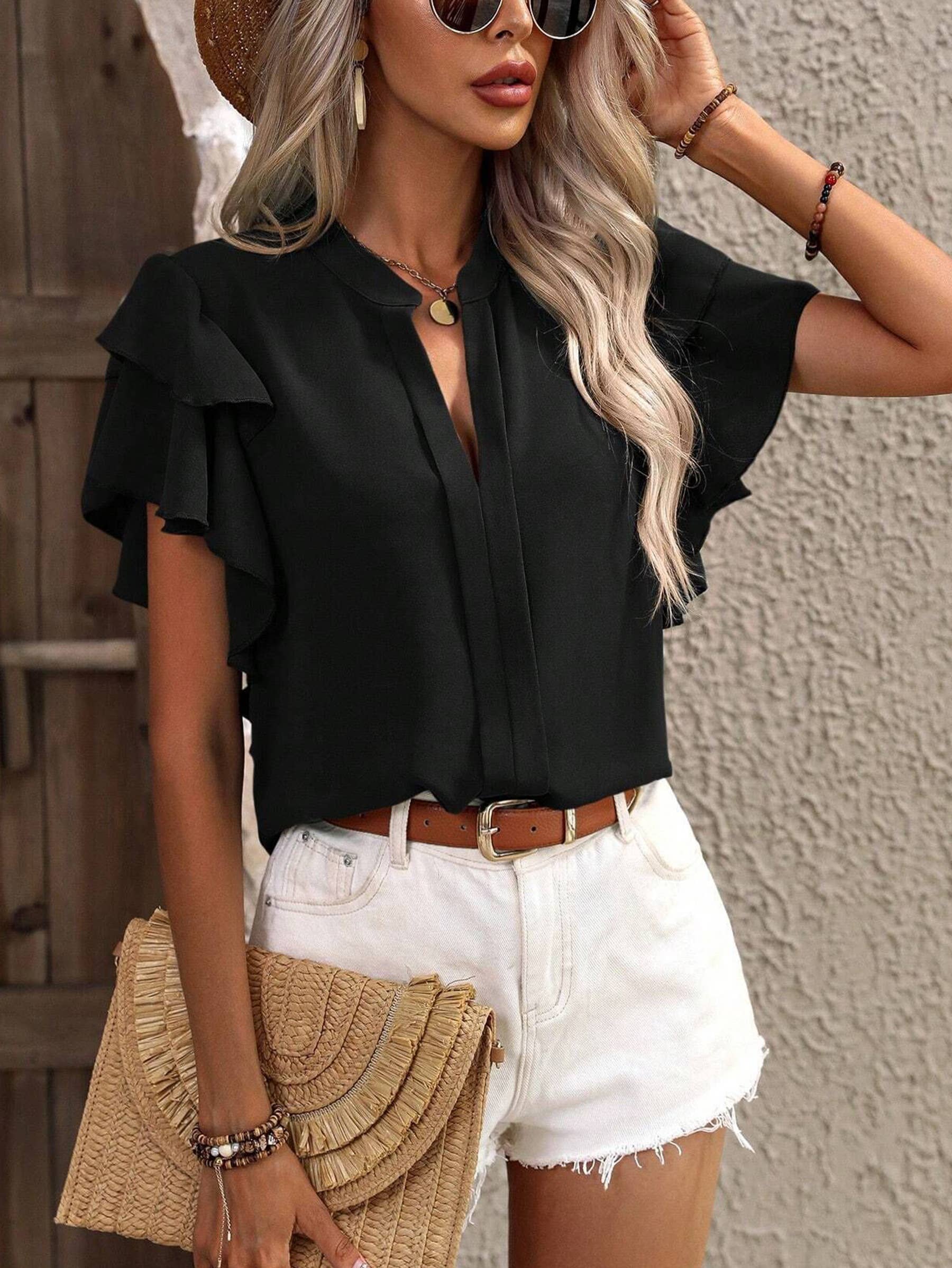 V-neck Casual Double-layer Ruffle Sleeve Solid Color Shirt