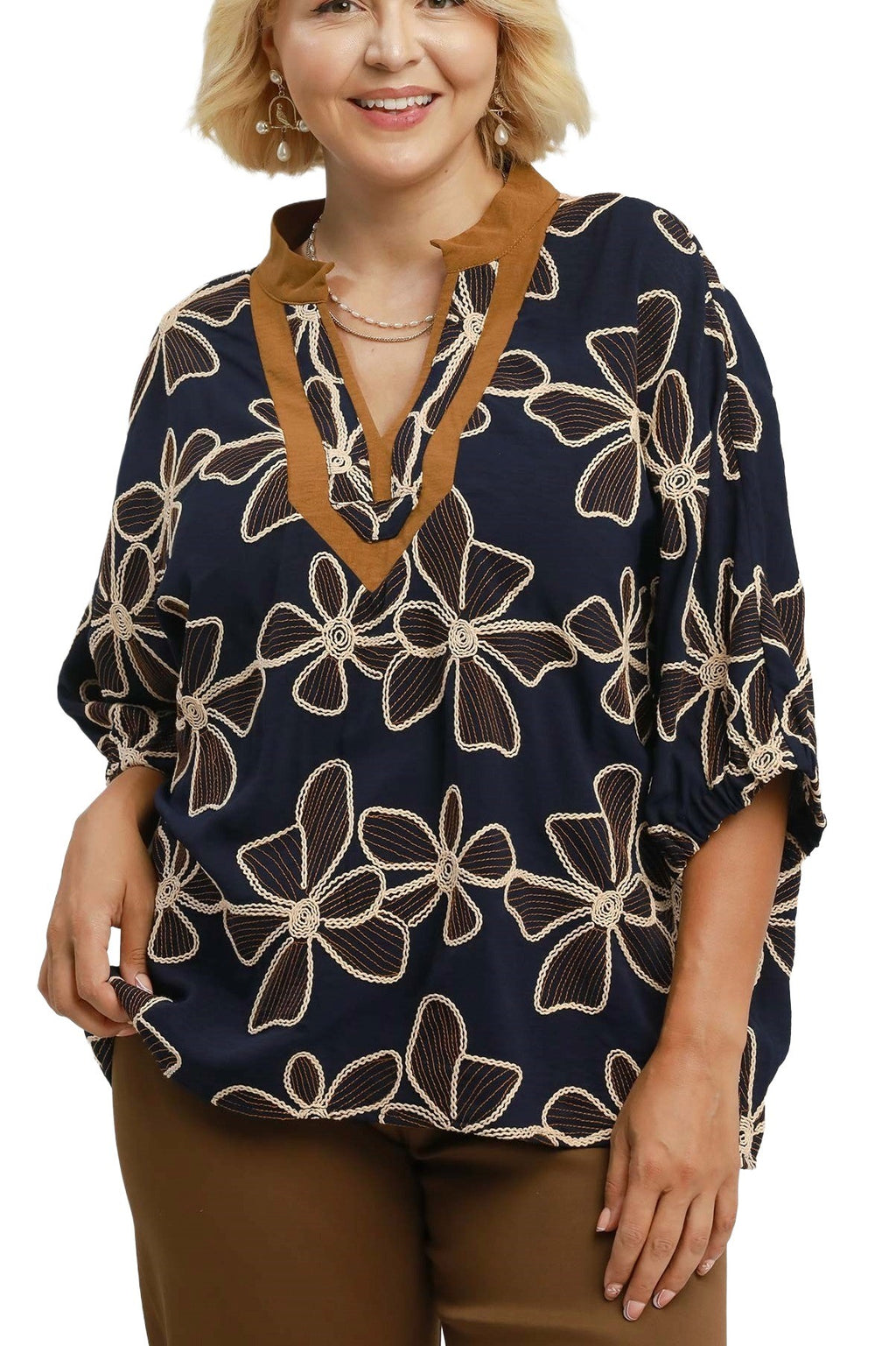 Plus Size Floral Embroidered Split Neck Top