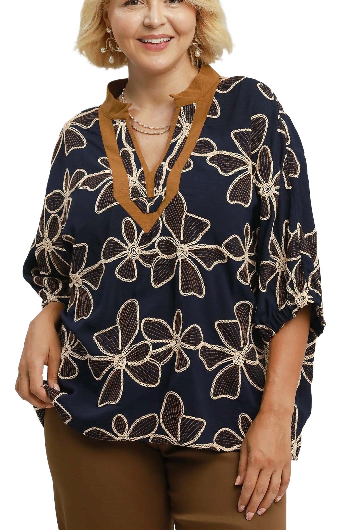 Plus Size Floral Embroidered Split Neck Top