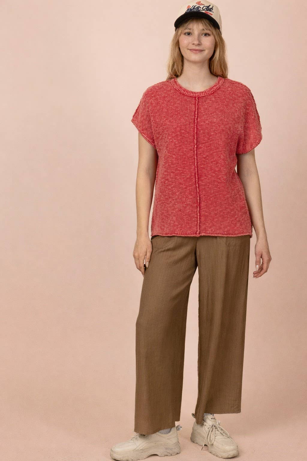 Red Mineral Washed Knit Casual Sweater Top