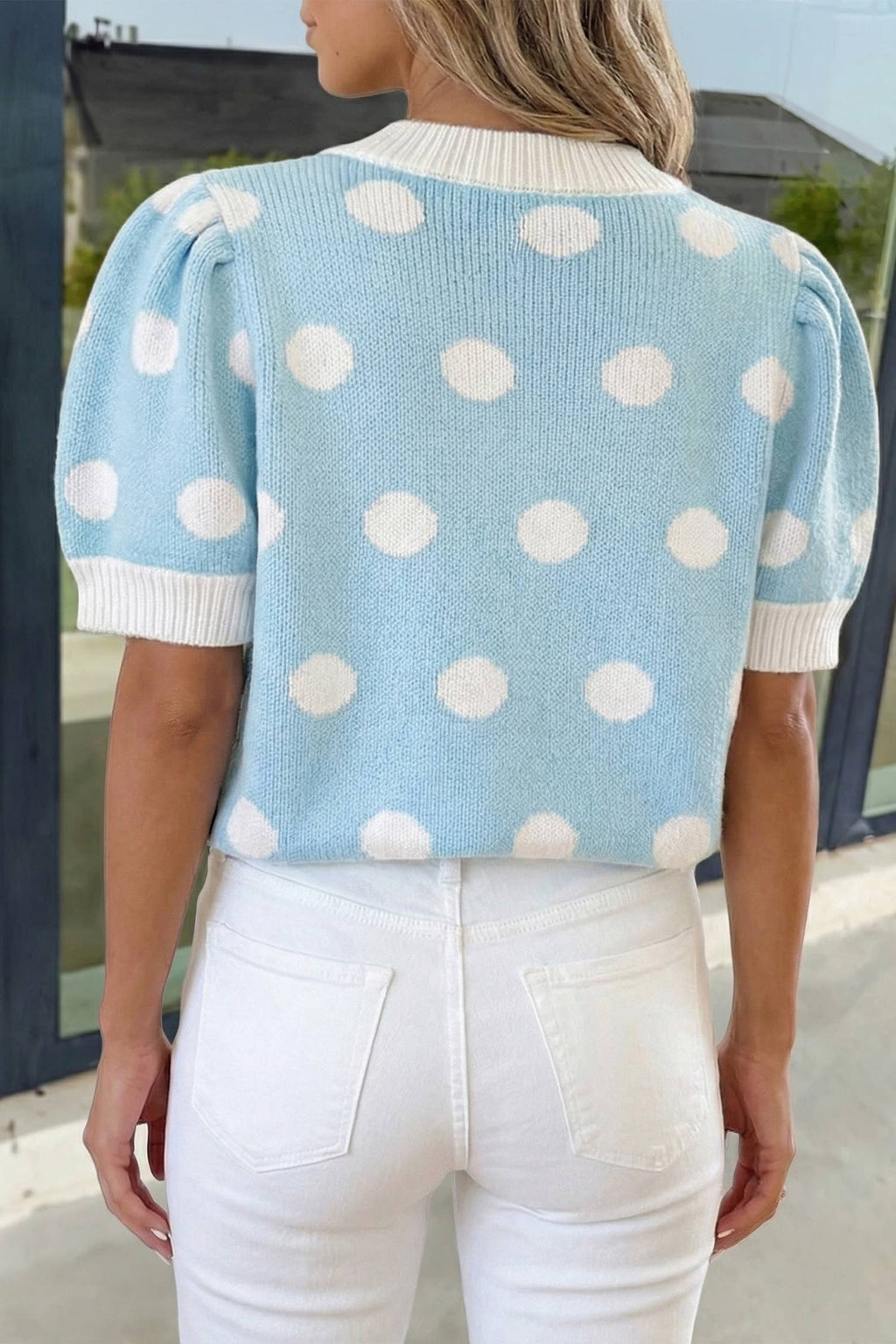 Polka Dot Puff Short Sleeve Sweater Top