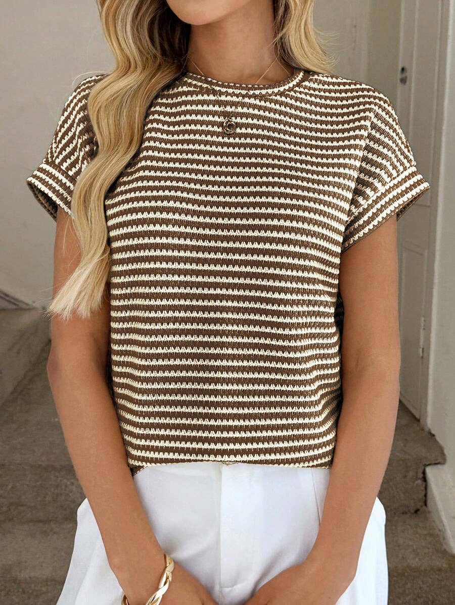Stripe Knit Crew Neck Short Sleeve Top