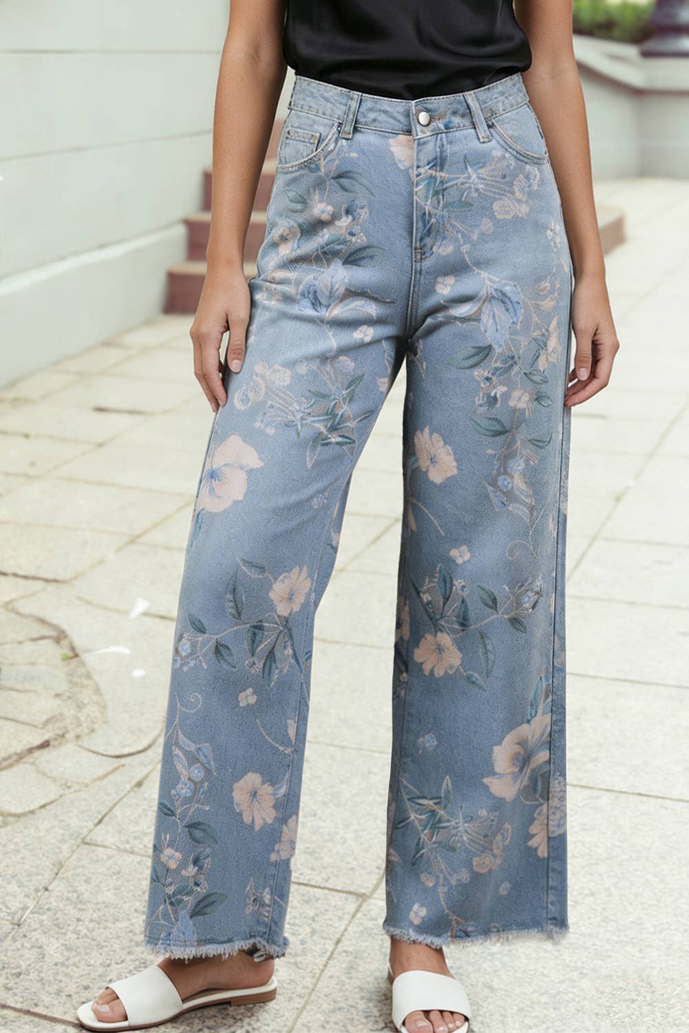 Retro Floral Print Frayed Hem Shift Jeans
