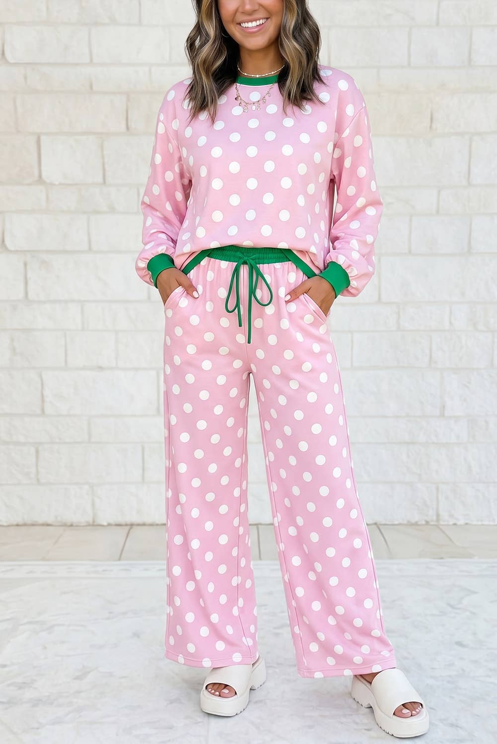 Polka Dot Contrast Trim Top Drawstring Shift Pants Set
