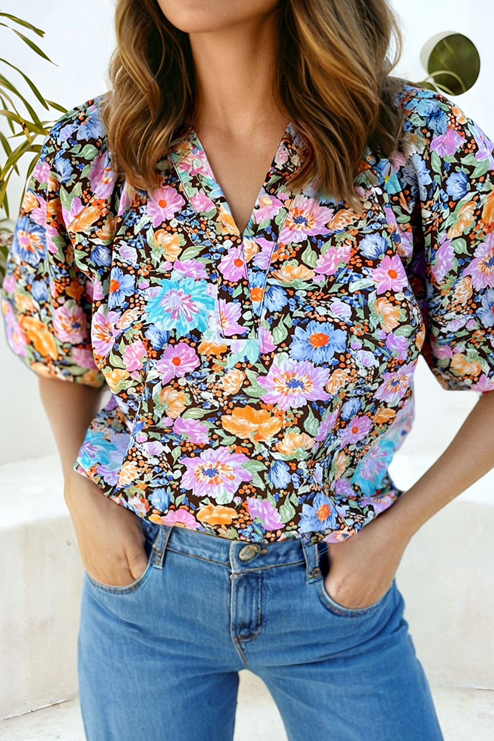 LDC Floral V Neck Shift Blouse Short Sleeve Pullover