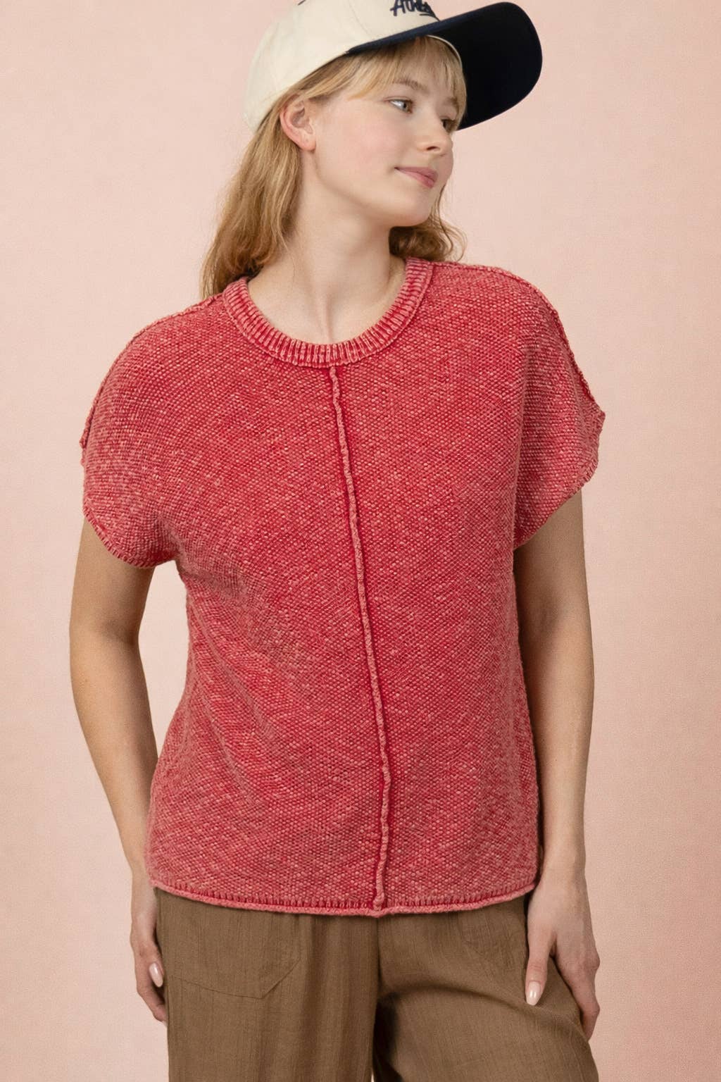 Red Mineral Washed Knit Casual Sweater Top