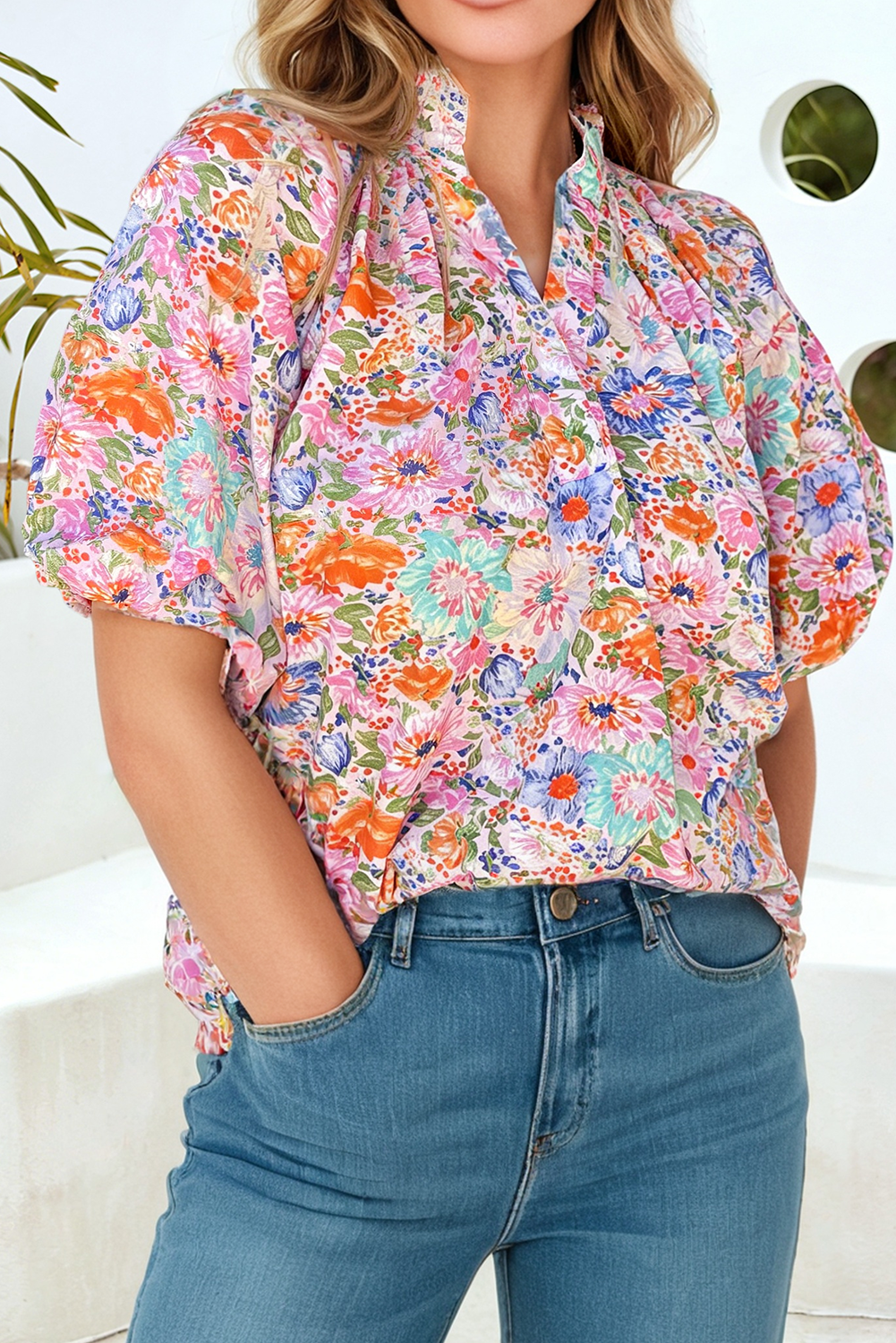 LDC Floral V Neck Shift Blouse Short Sleeve Pullover
