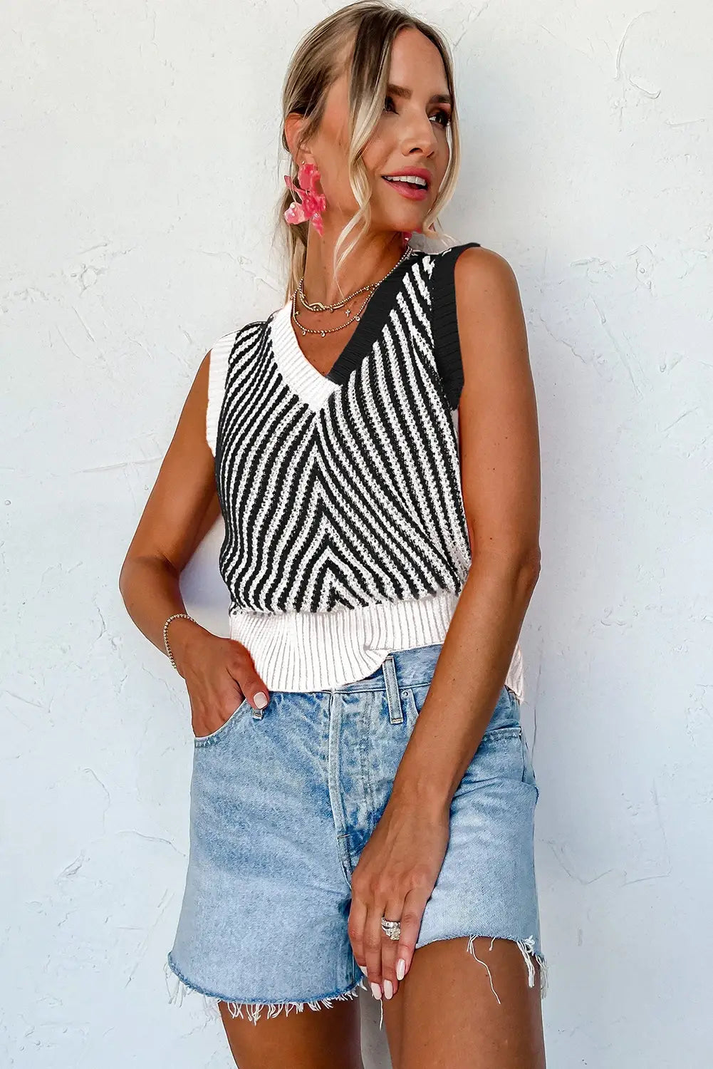 Strawberry Pink Contrast Chevron Knit V Neck Sweater Vest