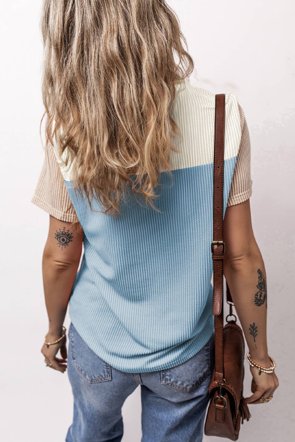 Rib Textured Colorblock Short Sleeve T Shirt (S-XL)