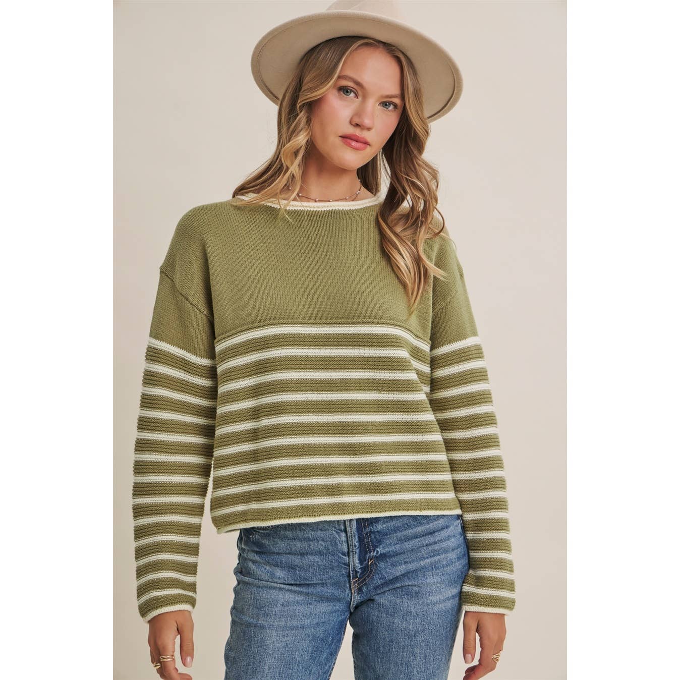 COZY CABIN CONTRAST STRIPE RELAXED SWEATER TOP