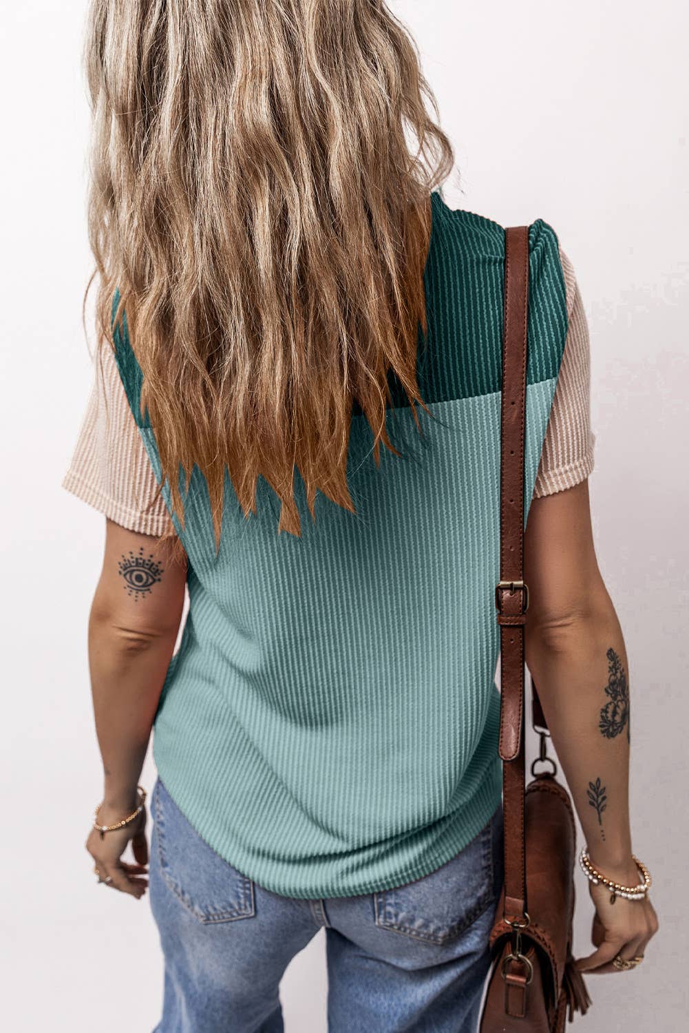Rib Textured Colorblock Short Sleeve T Shirt (S-XL)