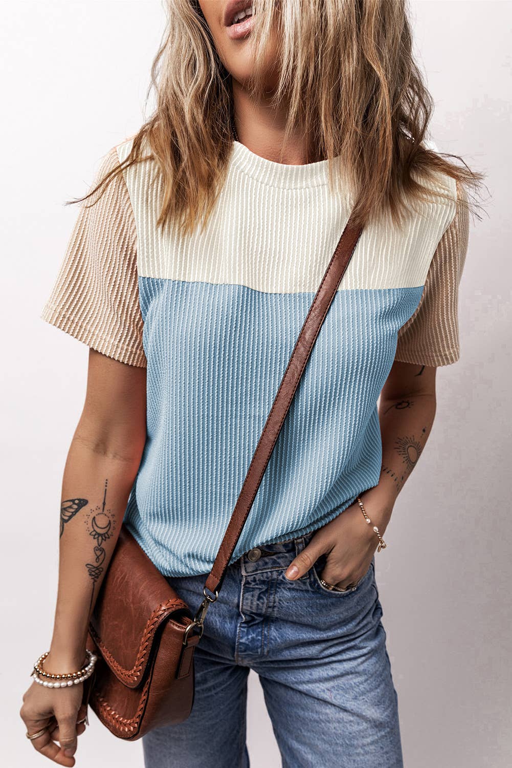 Rib Textured Colorblock Short Sleeve T Shirt (S-XL)
