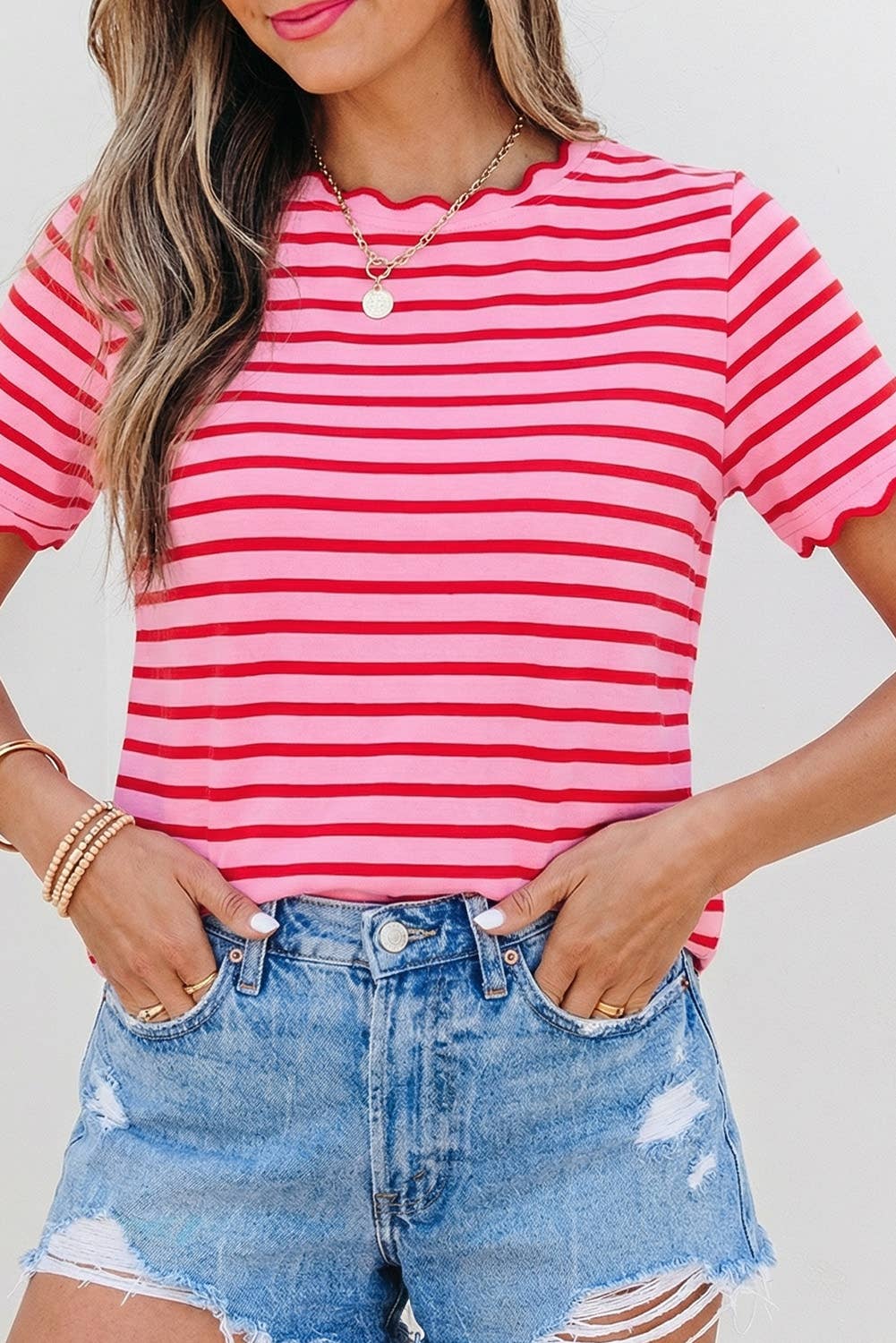 Stripe Scalloped Trim Round Neck T Shirt | S-XL Plus 1X-4X