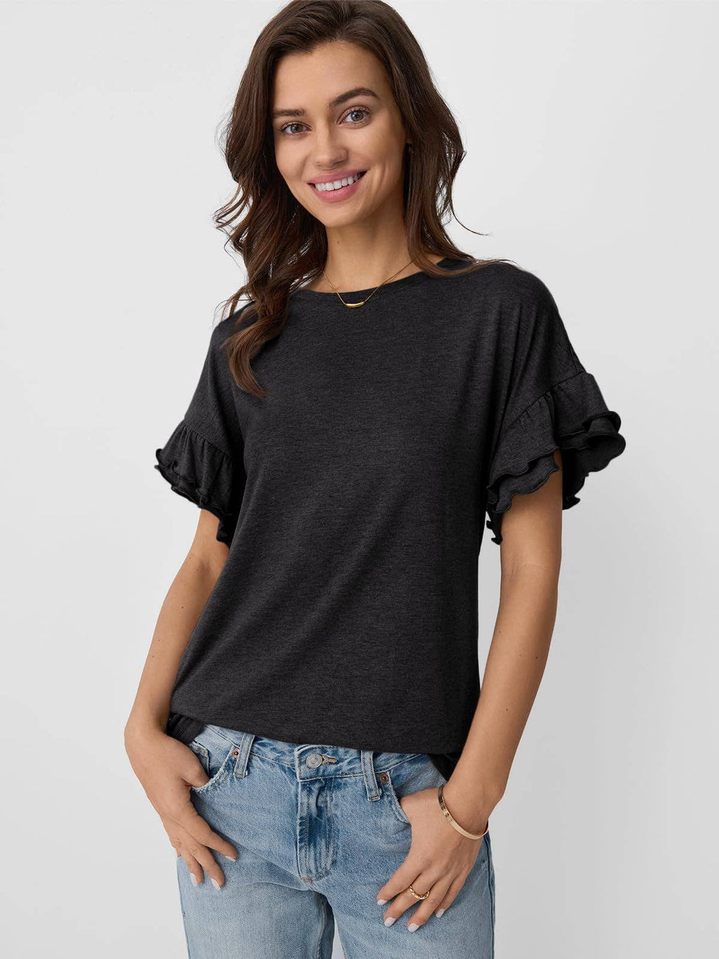 Women's Ruffle Sleeve Crew Neck T-Shirt – Casual Summer Solid Color Top