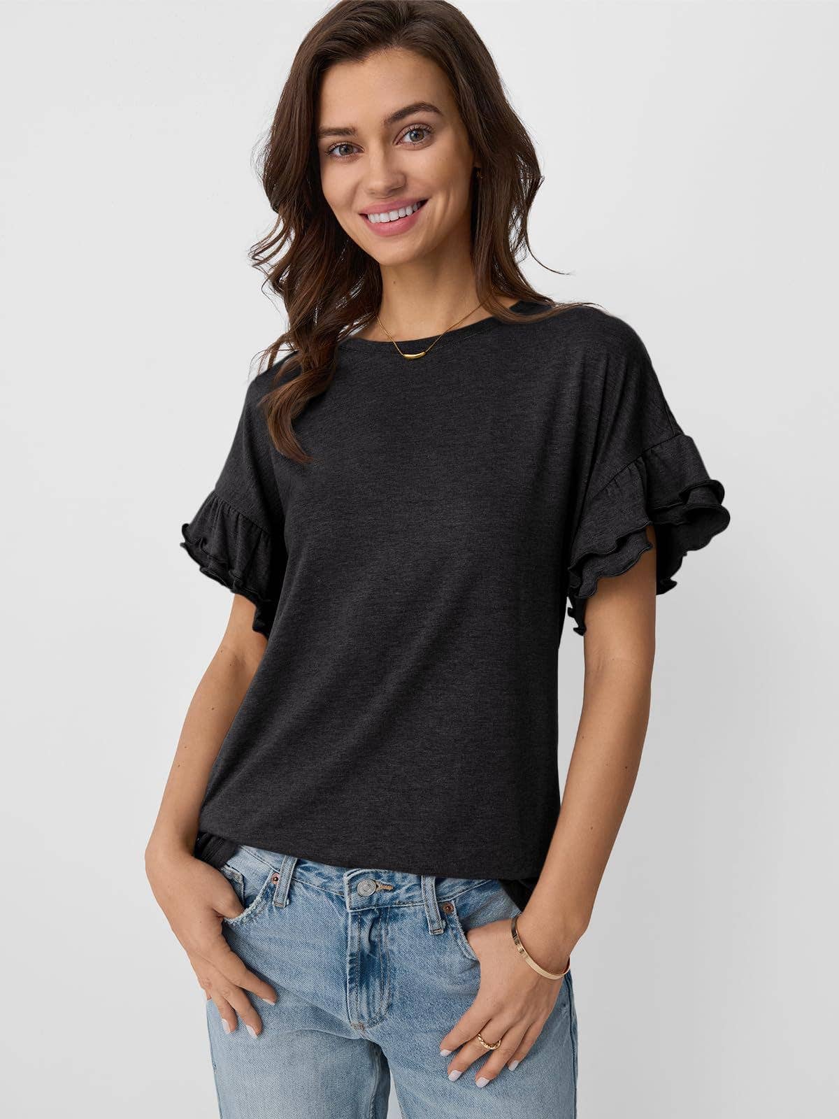 Women's Ruffle Sleeve Crew Neck T-Shirt – Casual Summer Solid Color Top
