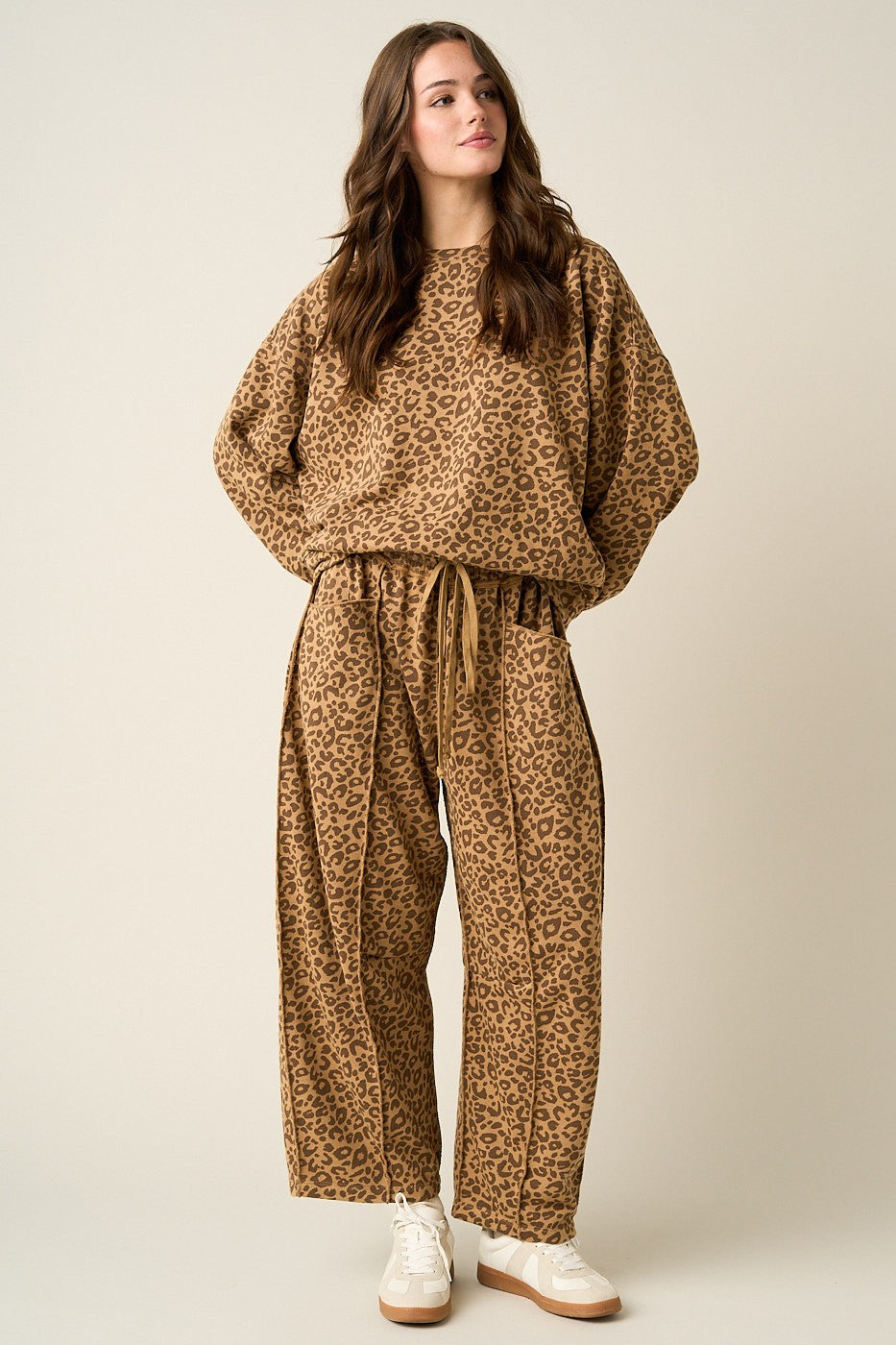 Leopard Print Seam Detail Pull On Barrel Pants