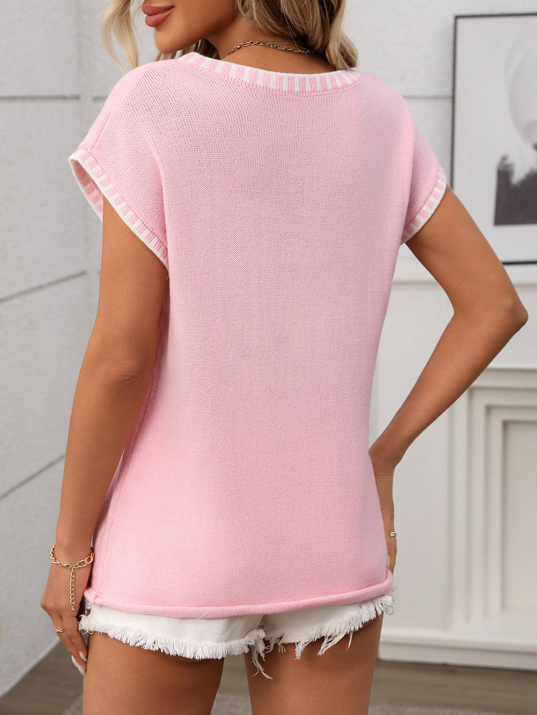 V-neck Short Sleeves Sweater Vest