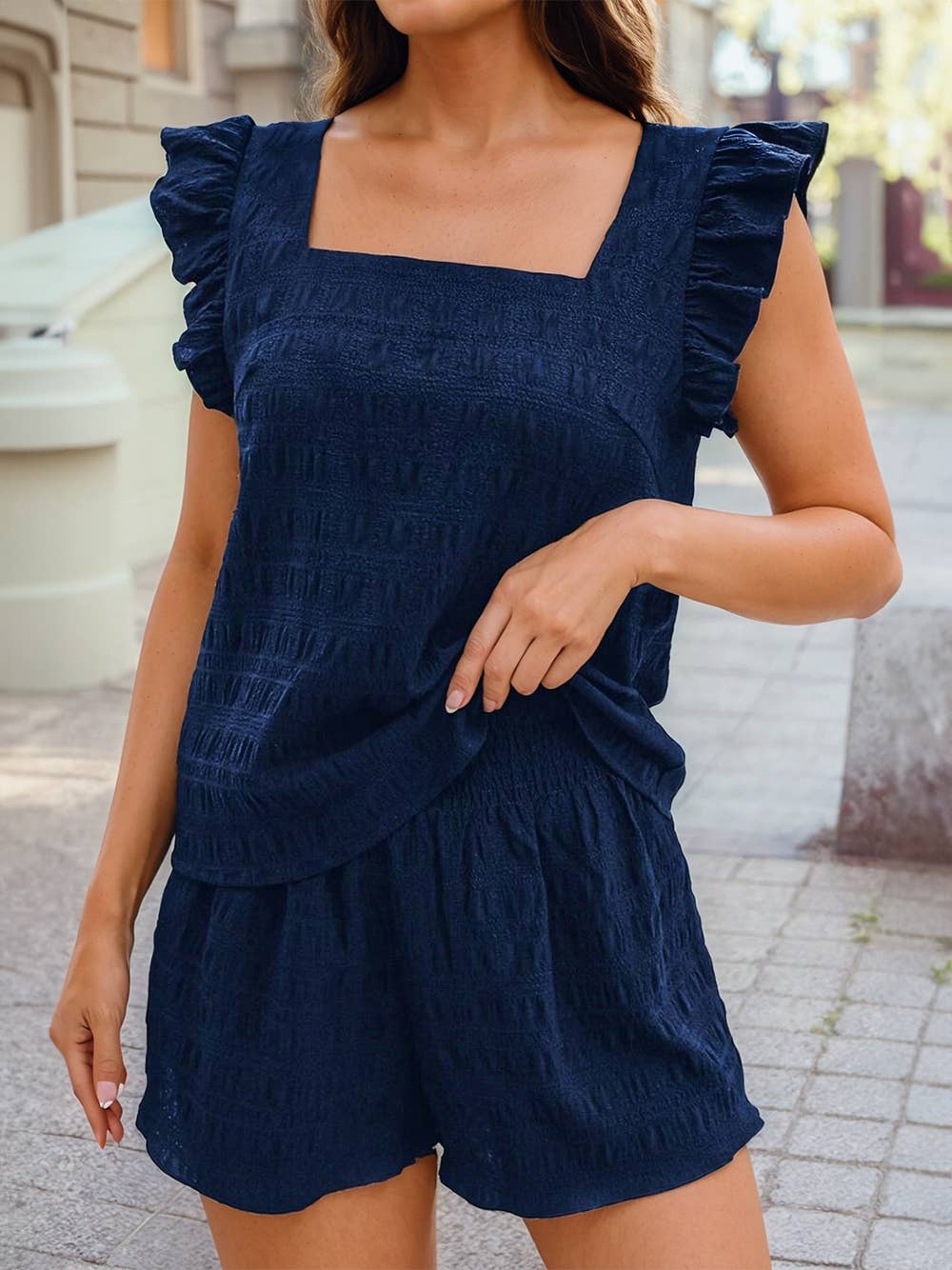 Textured Square Neck Ruffle Top and Shirred Shorts