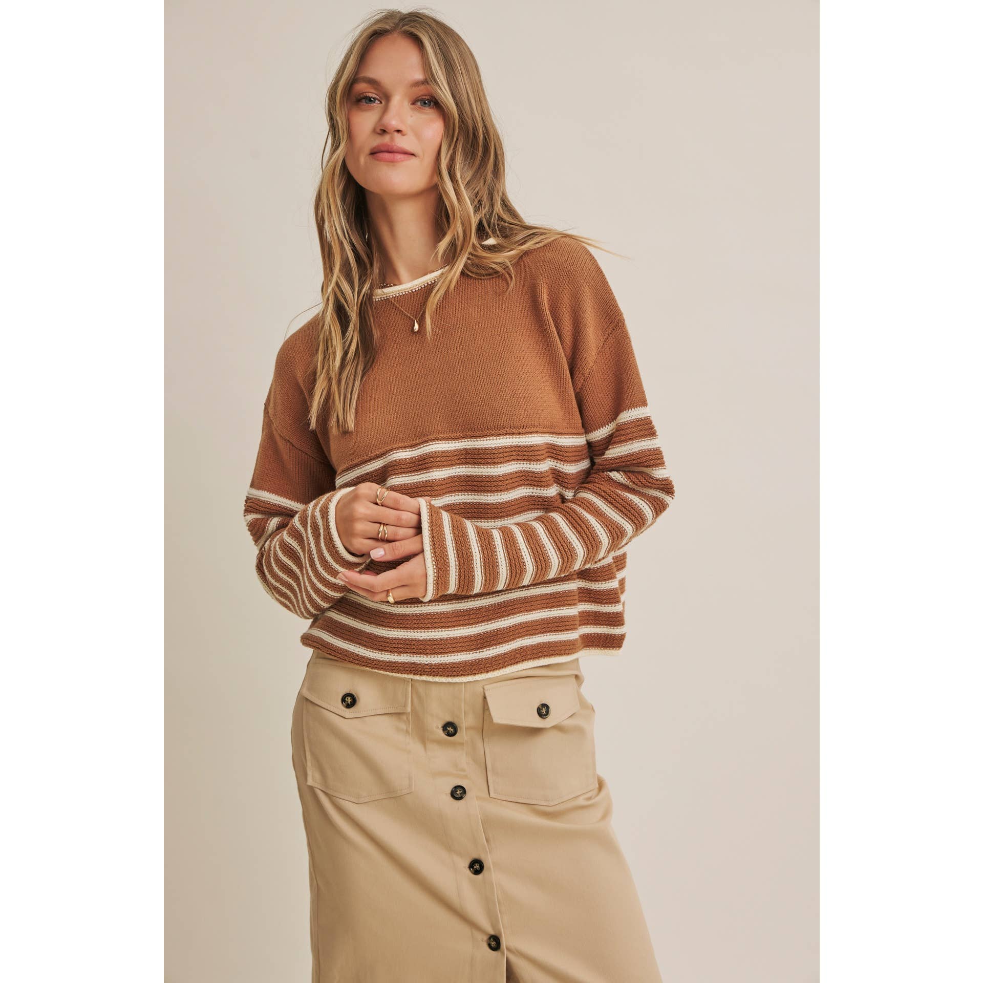 COZY CABIN CONTRAST STRIPE RELAXED SWEATER TOP