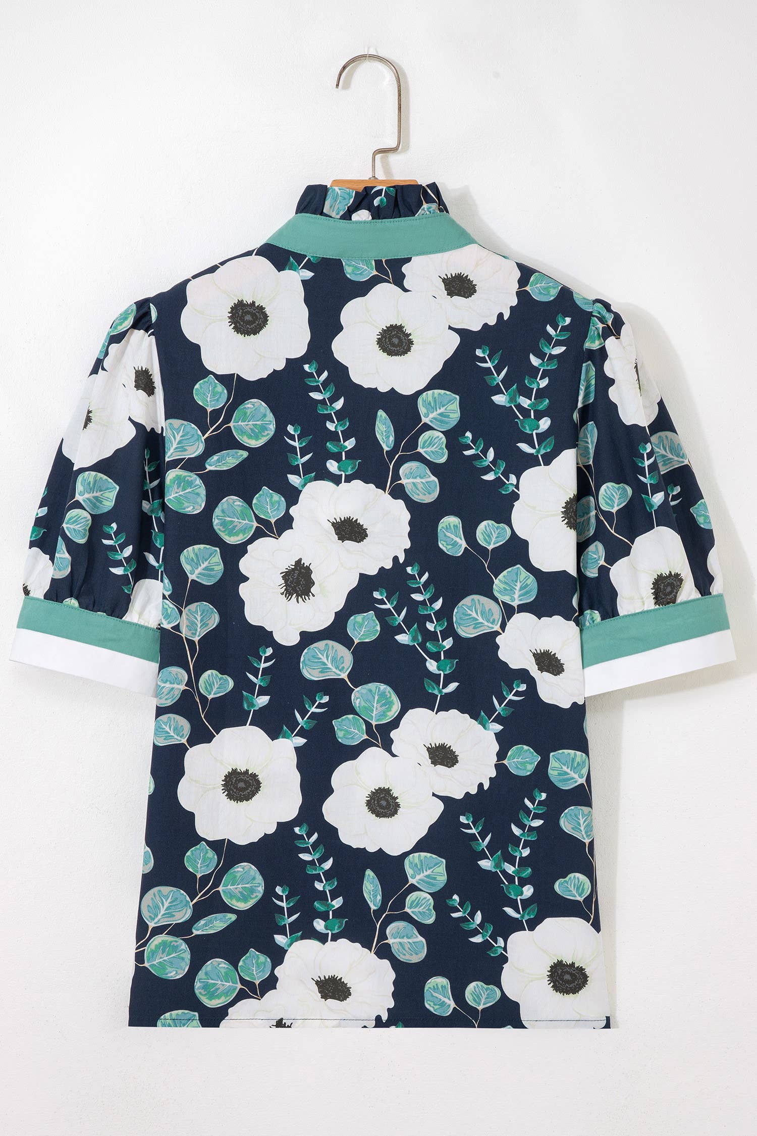 Floral Print Patchwork V Neck Short Sleeve Blouse (S-XL)