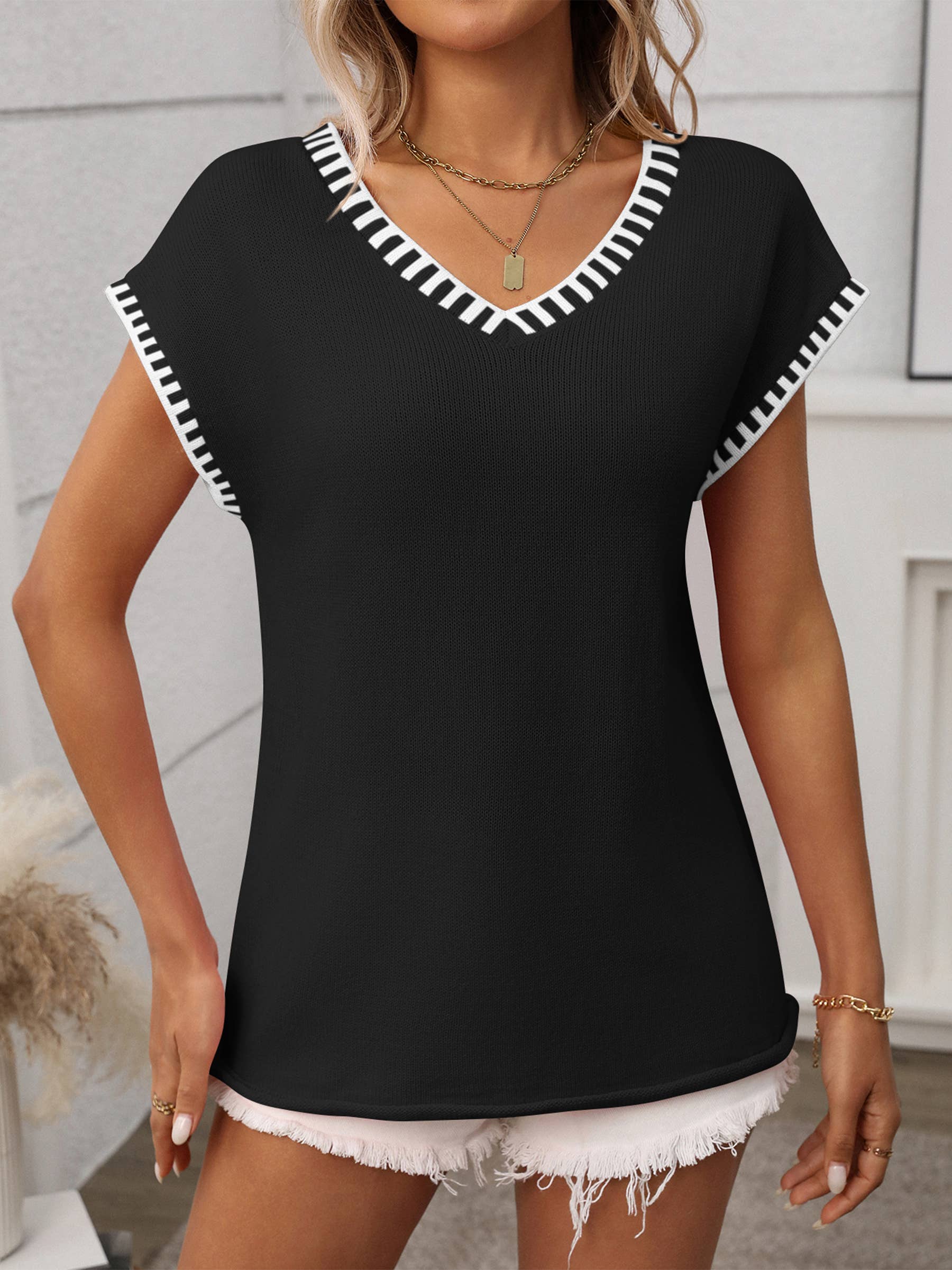 V-neck Short Sleeves Sweater Vest