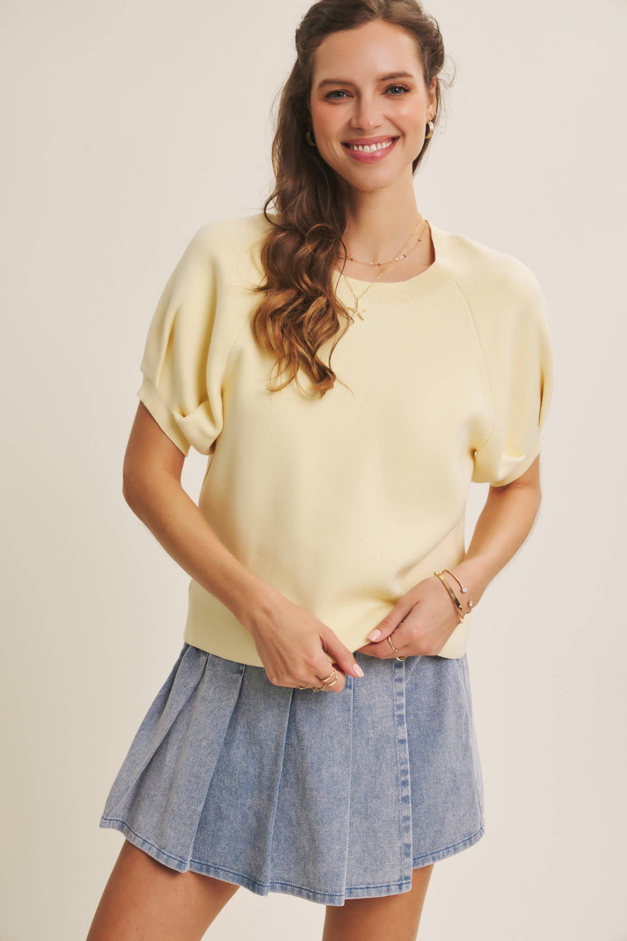 EASY VOLUME MOVEMENT BREATHABLE COTTON SWEATER WITH PUFF SLV