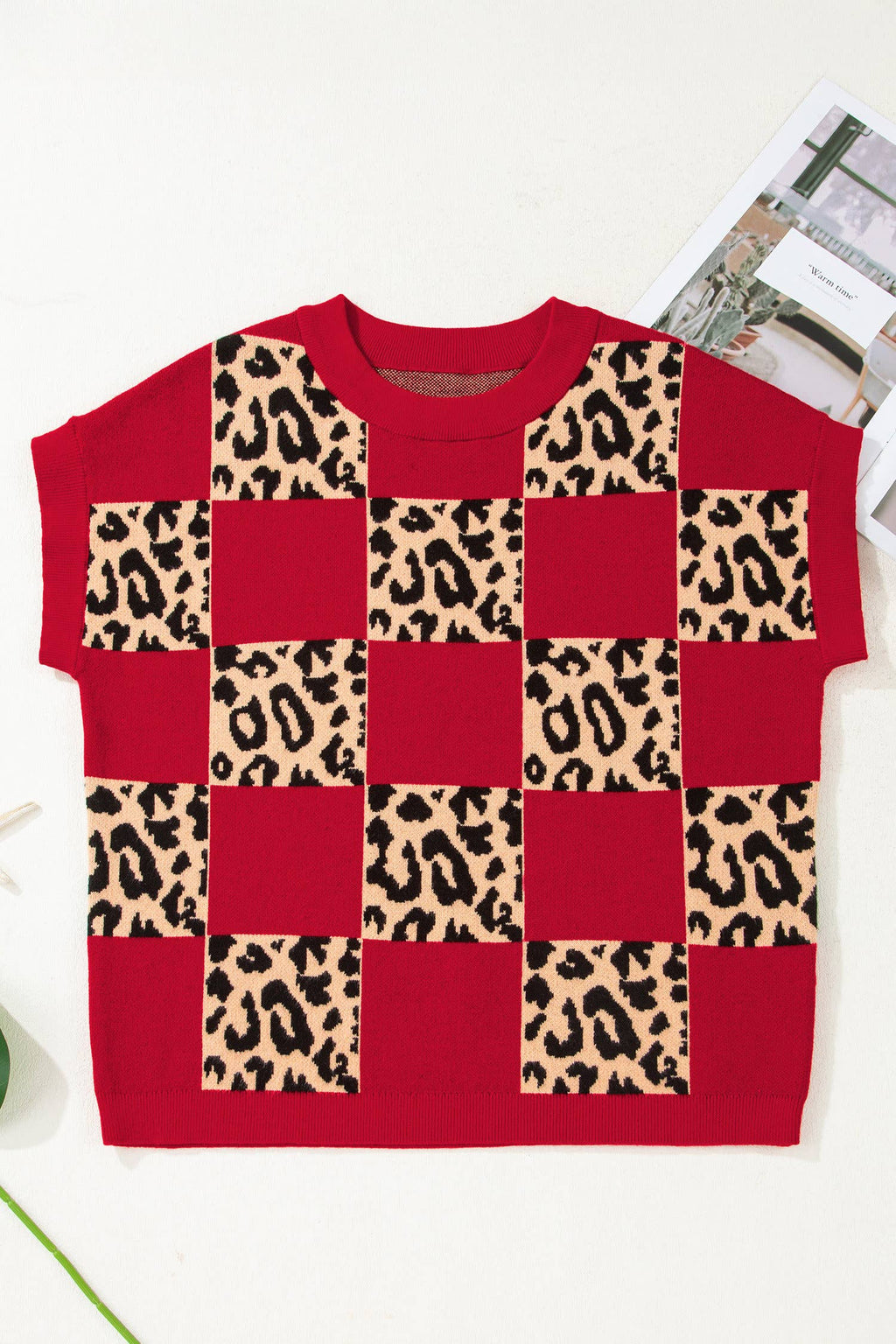 Plus Size Leopard Checkerboard Short Sleeve Sweater (S-3X)