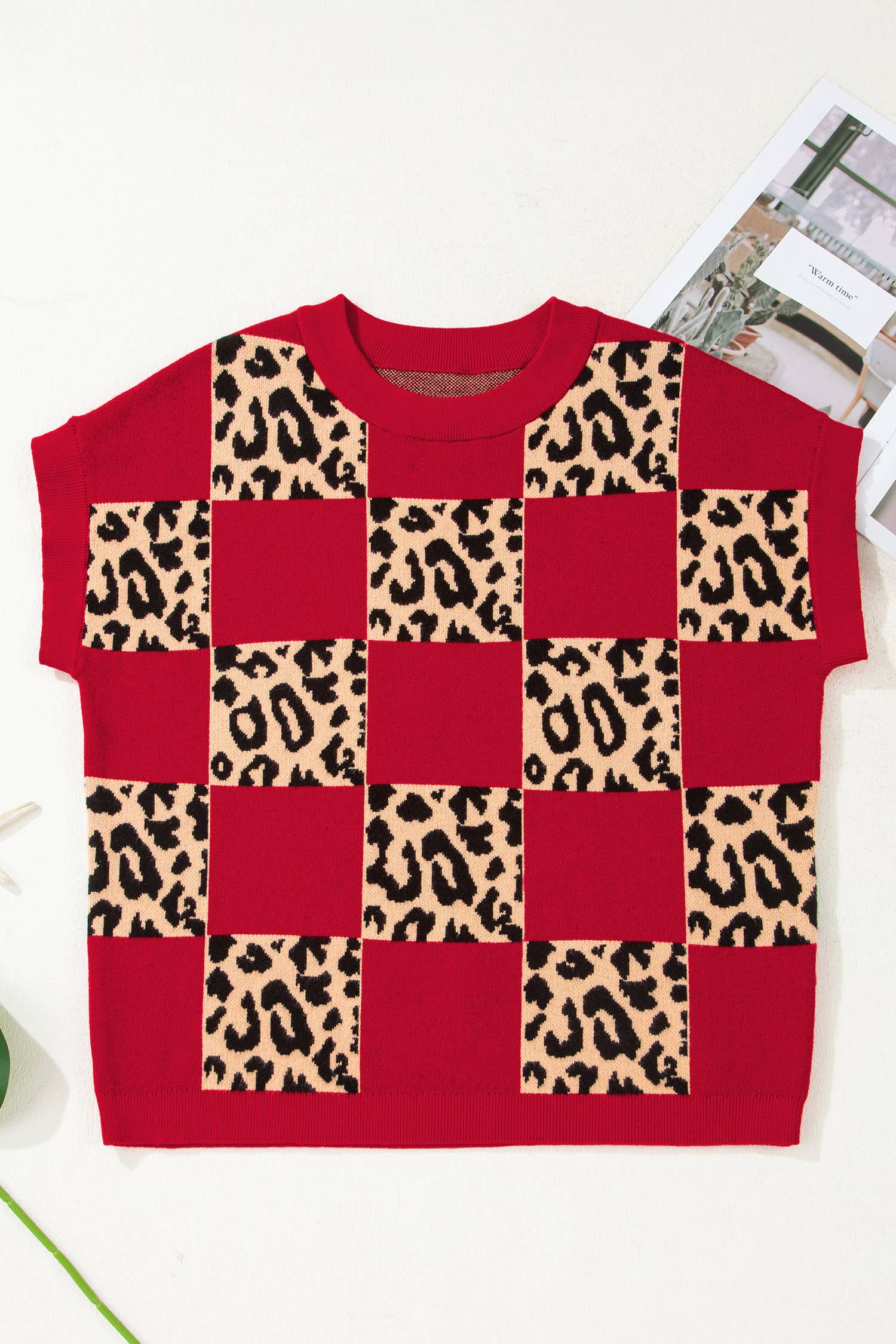 Plus Size Leopard Checkerboard Short Sleeve Sweater (S-3X)