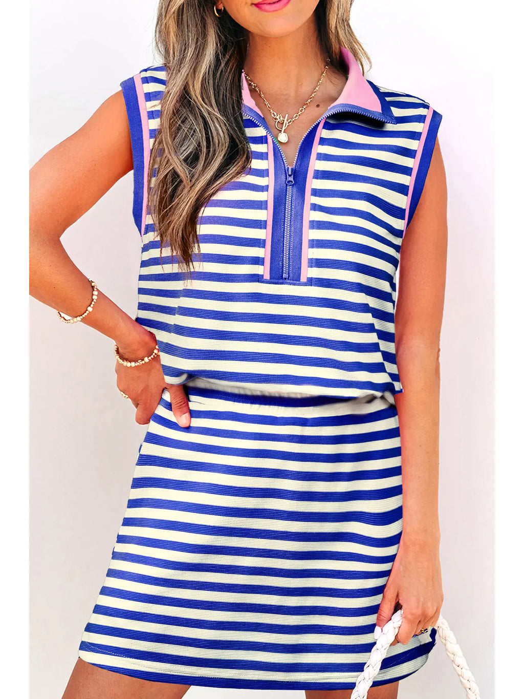 Striped Sleeveless Polo Dress Two-Piece Set