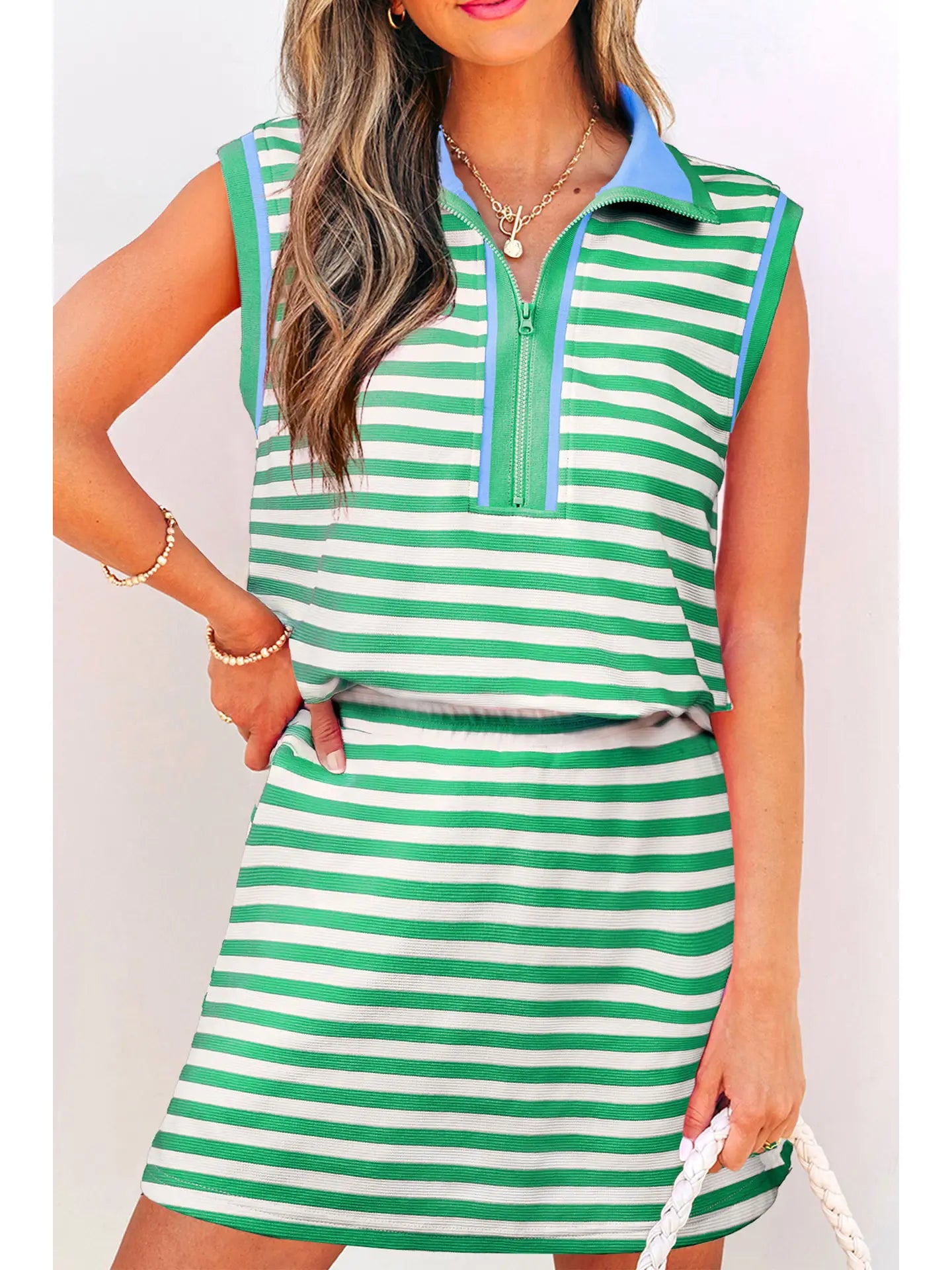 Striped Sleeveless Polo Dress Two-Piece Set