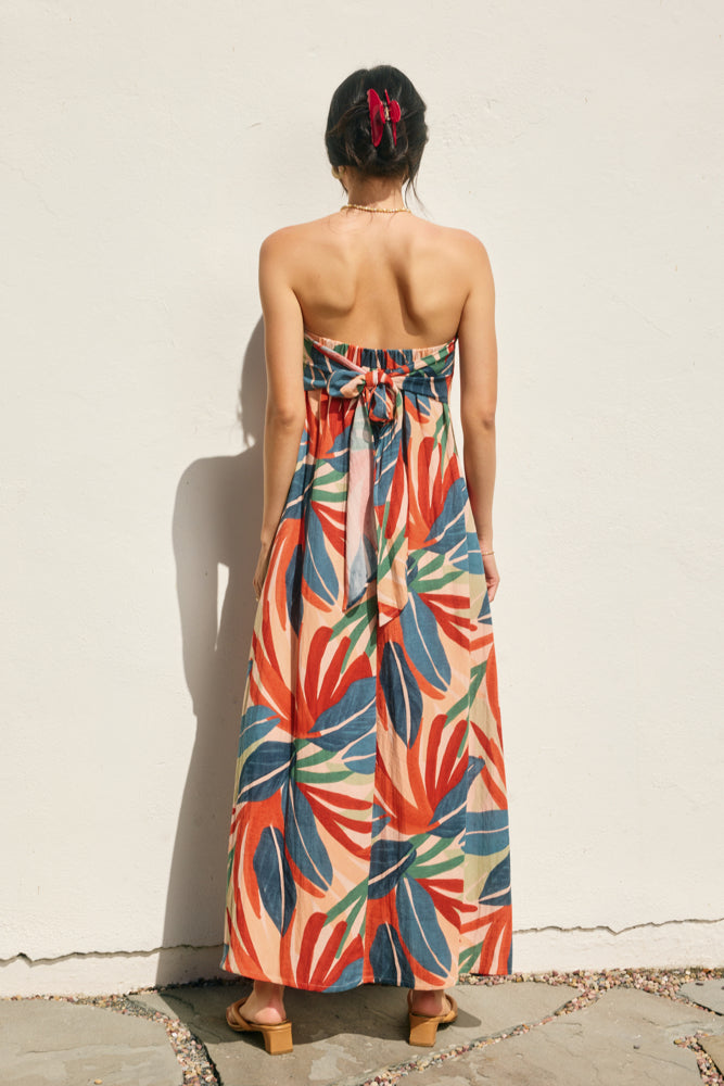 Tropical Leaf Strapless Tie Back Maxi Dress