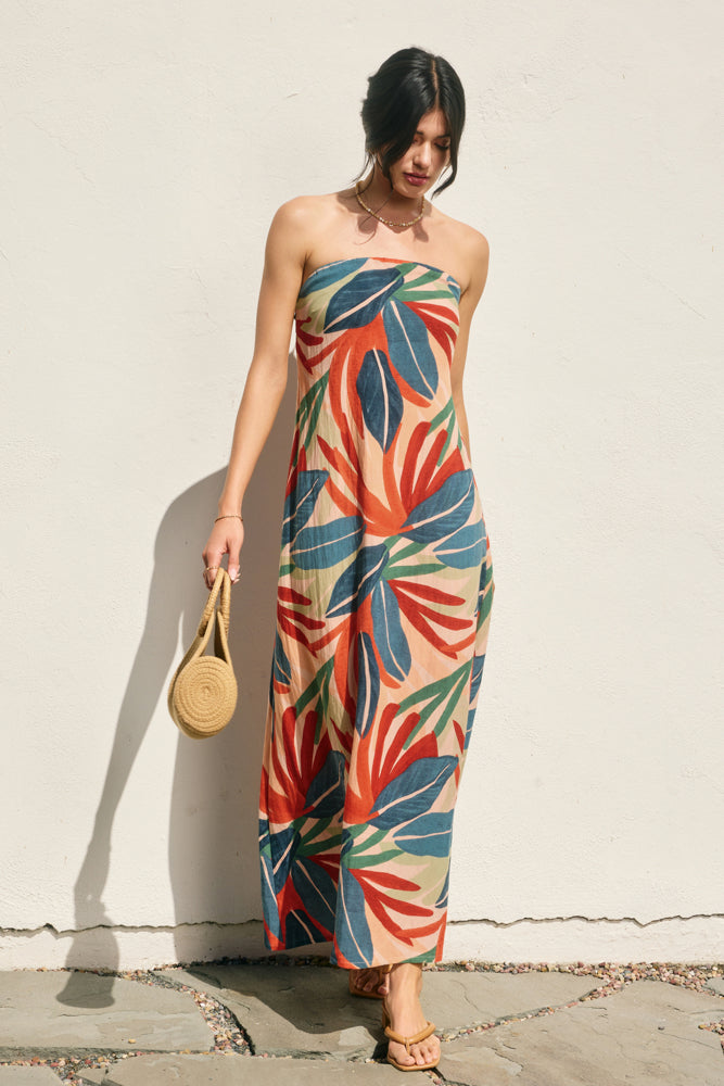 Tropical Leaf Strapless Tie Back Maxi Dress