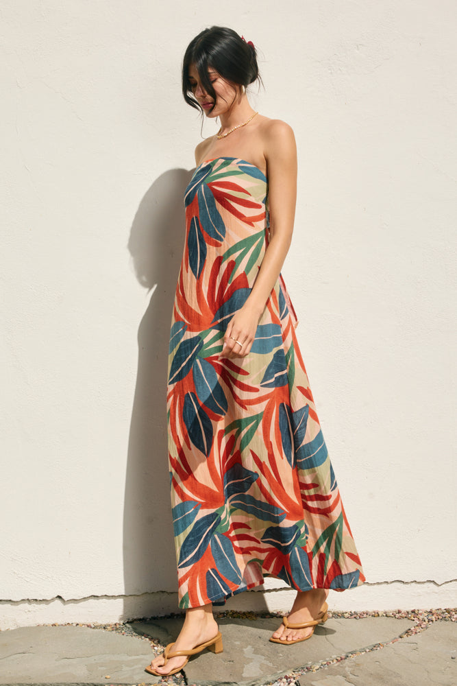 Tropical Leaf Strapless Tie Back Maxi Dress